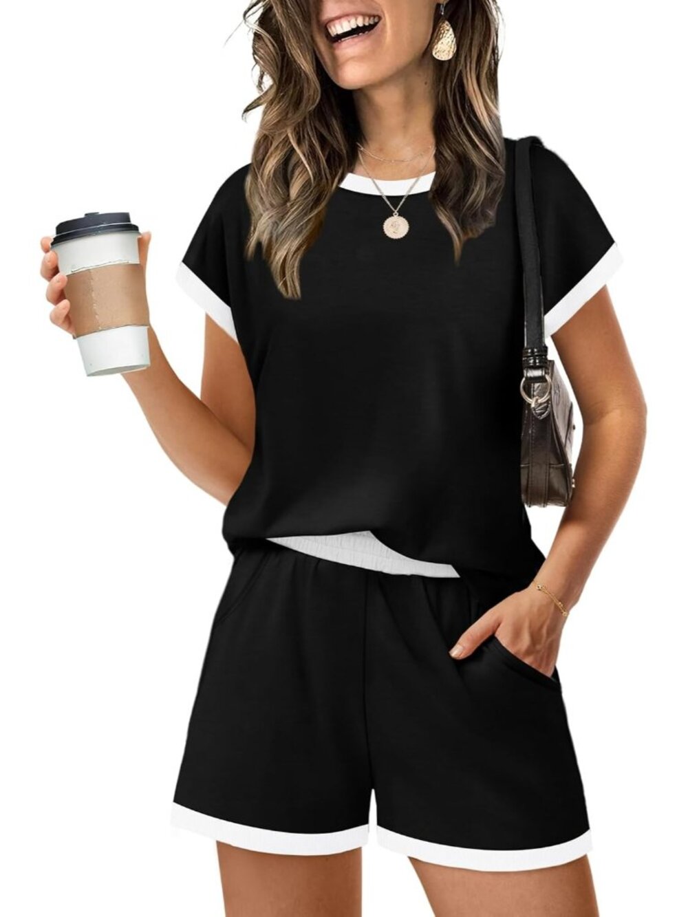 〽️Women's Outfit Black Crew Neck Cap Sleeve Shirts and Shorts Summer Lounge Set